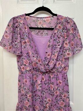 Girl's Lilac Floral Wrap-Style Dress with Tank Liner